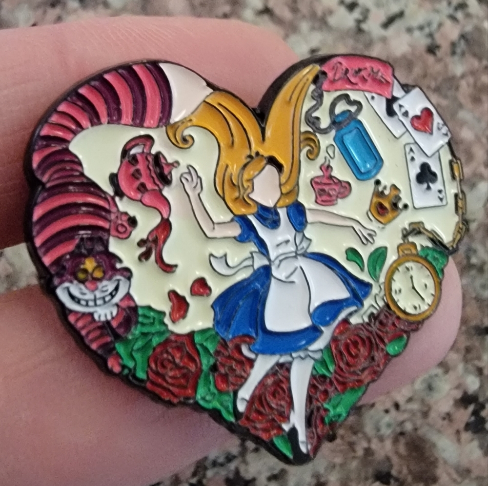 *2 for $13* Heart Shaped Alice in Wonderland Alice & Cheshire Cat Enamel Pin - Picture 2 of 3